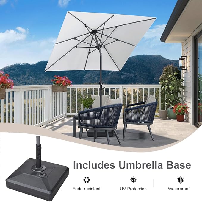 PURPLE LEAF 6.5' x 6.5' Square Patio Market Umbrella with Base Outdoor Table Umbrellas Aluminum Frame Sun Shade with 8 Sturdy Ribs Tilt for Garden Deck Lawn Pool White