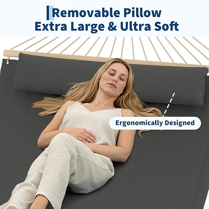 Garvee Double Quilted Fabric Hammock with Hardwood Spreader Bars and Pillow 450 LBS Capacity 2 Person Large Hammock for Outdoor Patio Backyard Poolside（Dark Gray）