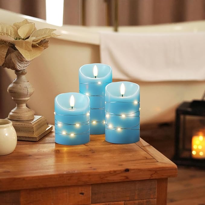 Homemory Flameless Candles with String Lights, 3 Pack Embedded Fairy String Lights LED Candles, Electric Flickering Candles with Remote Control and Timer, Real Wax, Blue