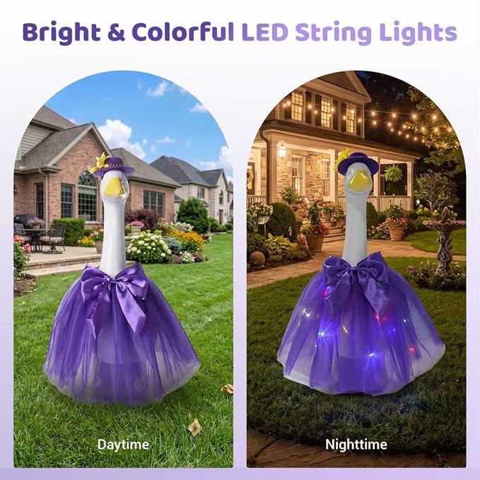 Porch Goose Outfit Set with String Lights for 23" Goose Statue Decor