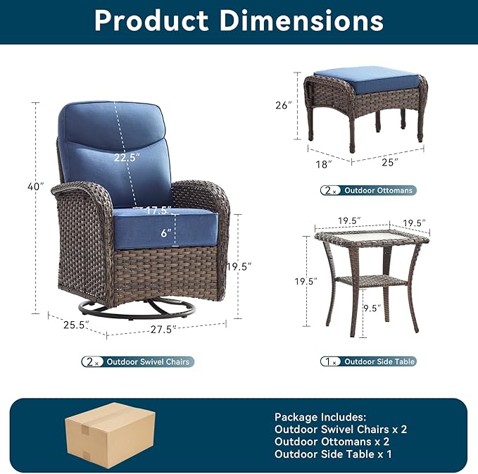 5 Pieces Luxury Patio Furniture Sets with 6-Inch Thick Cushions, High Back Swivel Outdoor Rocking Chairs Set of 2 with Multifunctional Ottoman, Wicker Conversation Set for Porch Garden, Blue