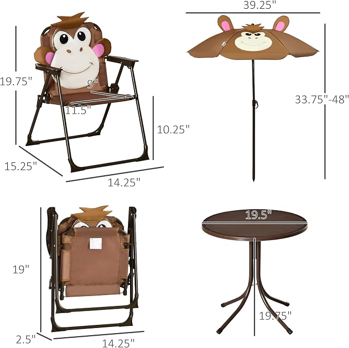 Outsunny Kids Table and Chair Set, Outdoor Folding Garden Furniture, Picnic Table for Patio Backyard, with Removable & Height Adjustable Sun Umbrella, Brown