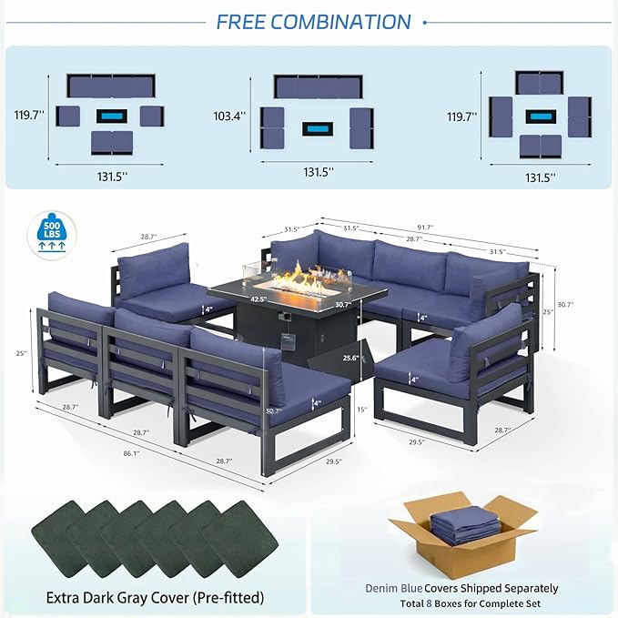 NICESOUL 8 Seat Modern Aluminum Patio Furniture Set with Fire Pit Table, 500 lbs Heavy Duty Outdoor Sectional Sofa, 29" Deep Wide Oversized Seating, L Shaped Conversation Couch for Deck, Denim Blue