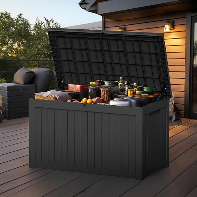 280 Gallon Outdoor Storage Box Waterproof - Outside Resin Deck Box, Lockable Storage Bin for Patio Furniture,Garden Tools,Cushions,Pool Accessories(Black)