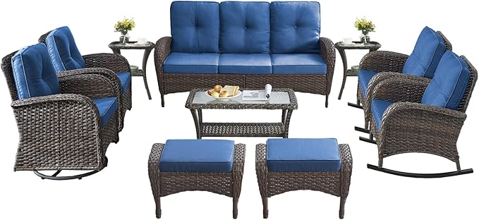 10-Piece Furniture Set-Patio Rocking Chairs Set of 4 Outdoor Rattan Sofa Sets with Coffee Table Outdoor Patio Furniture Sets for Deck Porch Garden Balcony Poolside-Brown/Blue