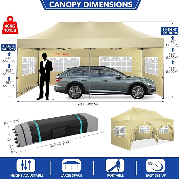 COBIZI 10x20 Pop up Canopy Tent Heavy Duty, Easy Set-up Commercial Outdoor Party Tent, 100% Waterproof Wedding Tents Gazebo, 3 Height Adjustable with Wheeled Bag, Khaki