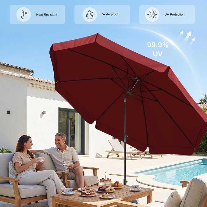 ABCCANOPY 9ft Scalloped Patio Umbrella, Outdoor Table Umbrella with Tilt and Crank, Fiberglass Ribs Deck Umbrella for Patio, Pool, Garden, Picnic (Burgundy)