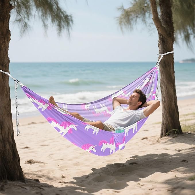 Unicorn Pink Purple Camping Portable Swing Fabric Hammocks with Tree Straps 330 lbs Capacity for Travel Hiking Indoor Outdoor