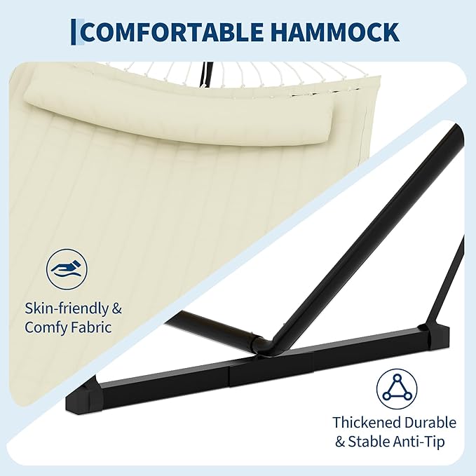 2 Person Double Hammock with Stand & Pillow, 450 LBS Heavy Duty Outdoor Hammock with Balance Rope for Patio Backyard Poolside