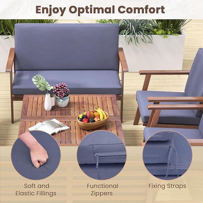 Tangkula 8 Piece Outdoor Conversation Set, Acacia Wood Sofa Set with Soft Seat & Back Cushions, Rectangle Coffee Table Patio Wood Furniture Set for Backyard, Poolside, Garden (2, Gray)