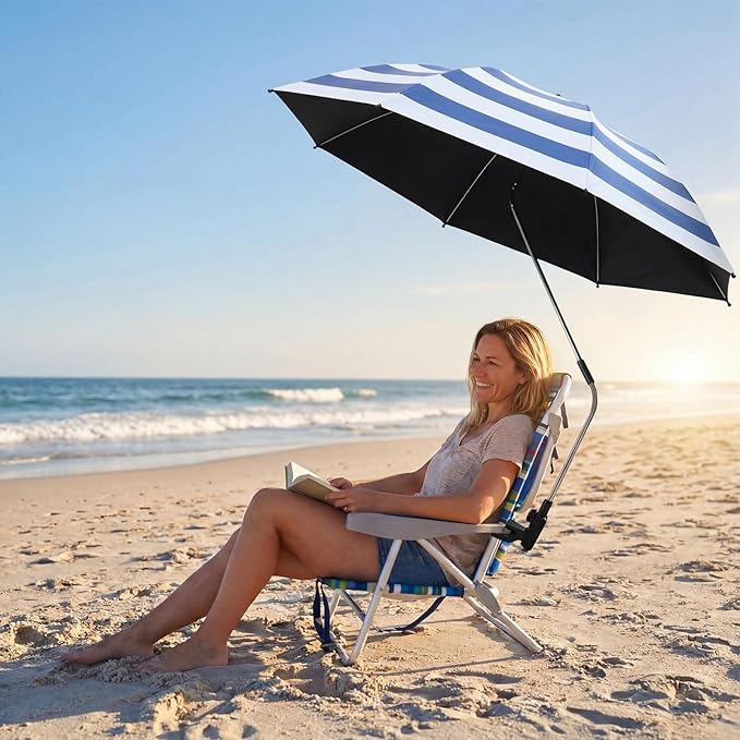 2 Pcs Beach Umbrella with Clamp UV Protection 48 Inch Adjustable Umbrellas for Chair with 360° Universal Clamps for Beach Camping Stroller Wheelchair, Chair Not Included(Blue Stripes)