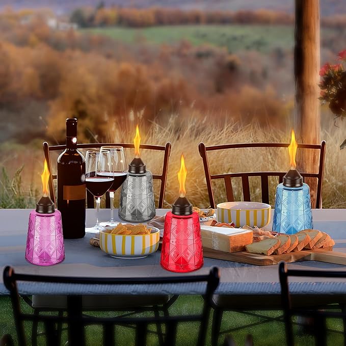 4-Pack Glass Table Top Torches - 12oz Refillable Citronella Torches Canisters for Outdoor, Includes Wick & Cap, Decorative Lanterns for Patio, Garden, Yard, Party, Landscape(Blue)