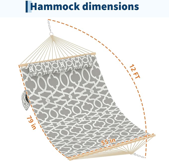 Double Quilted Hammock with Spreader Bar, 12FT, Detachable Pillow, 2-Person | cotton-polyester blend, UV-resistant, quick-dry, 450lbs, for patio/backyard/poolside, Light Gray Stripe