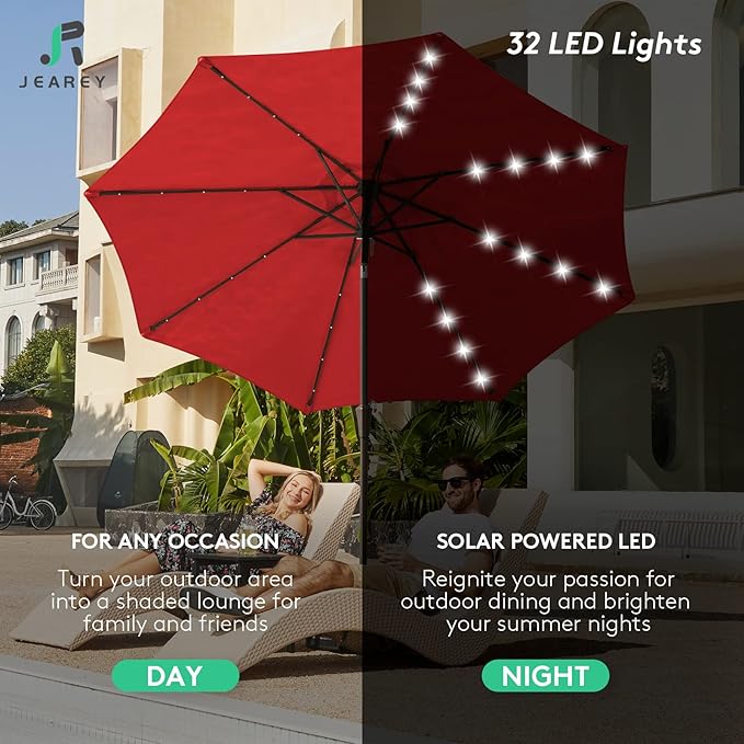 JEAREY Upgrade 10FT LED Lighted Patio Umbrella, Solar Outdoor Umbrella, Tilt Table Umbrella for Pool(Red)