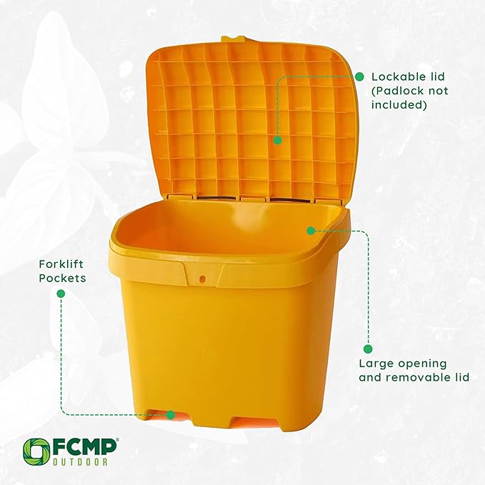 FCMP Outdoor 31-Gallon Salt & Sand Storage Bin, Yellow - Lockable Lid, Weather-Resistant UV-Resistant Plastic, Forklift Pockets, Deck Box for Patio & Garden