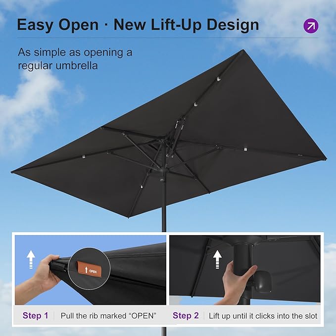 PURPLE LEAF 10' x 6.5' Rectangular Semi-Auto Outdoor Patio Umbrella Aluminium Market Umbrella Table Sun Umbrella with 1.89" Rod and 6 Sturdy Ribs for Deck Lawn Pool Garden, Gray