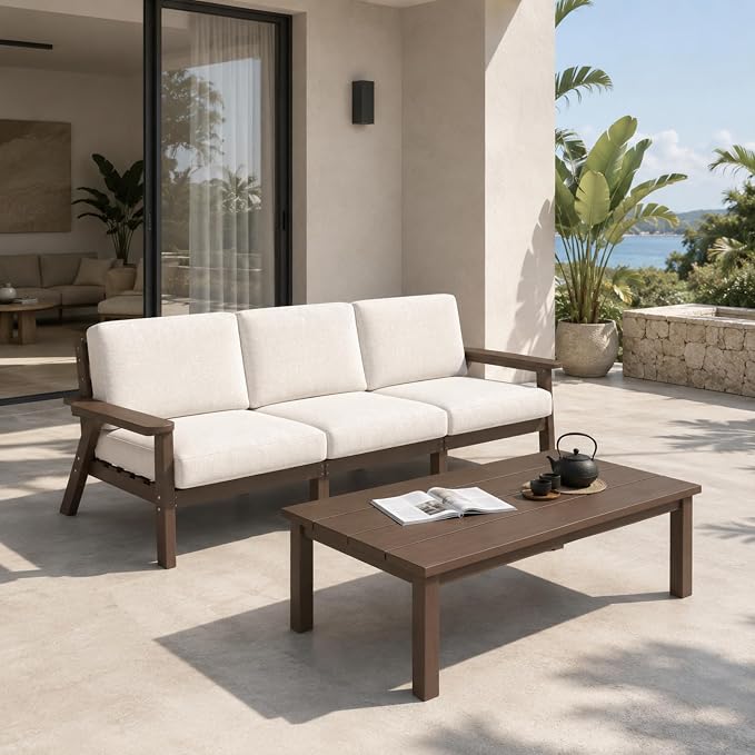 43.9" HDPE Outdoor Coffee Table (Brown) | All-Weather HDPE, Easy Assembly, Low-Maintenance, Large Tabletop, For Patio Deck Poolside Backyard Use