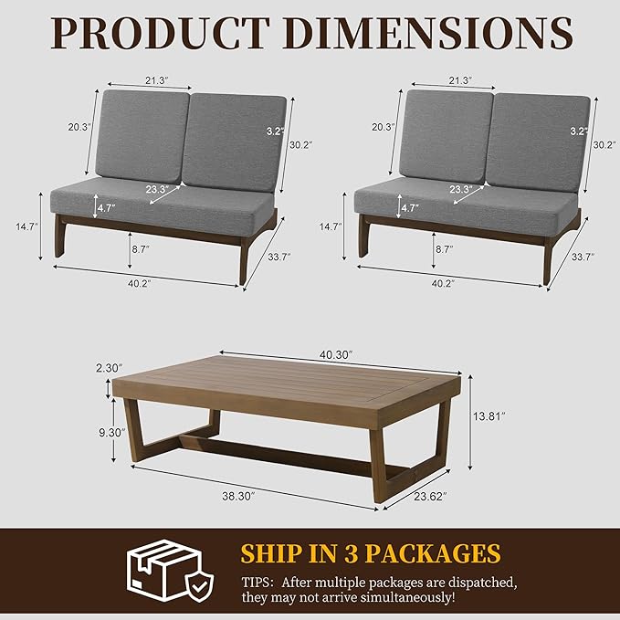 UIXE All Weather Wood Patio Furniture Sets, 3 Pieces Patio Loveseat Sofa Outdoor Sectional Futniture Backyard Conversation Set with Solid Wooden Coffee Table - Grey