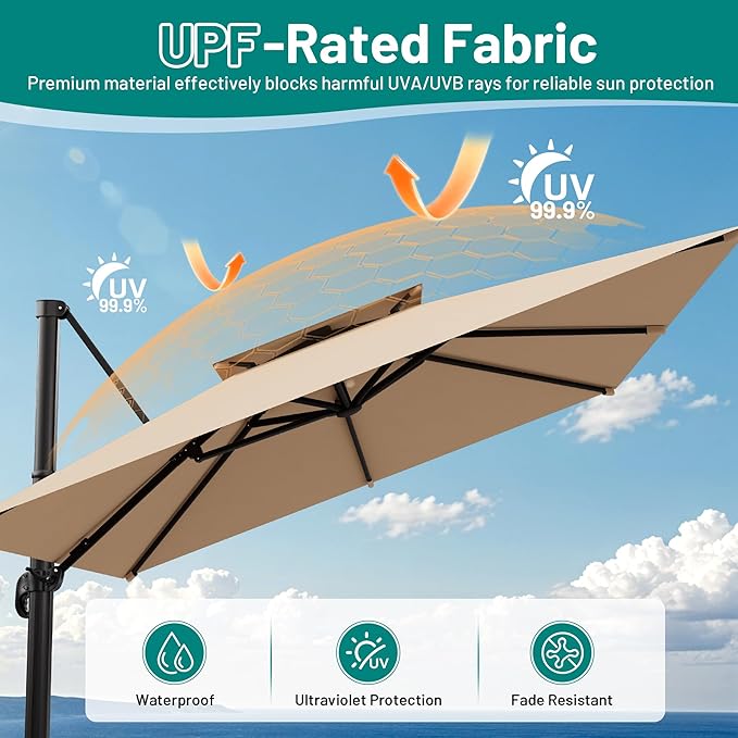 AreShark 10×10FT Double-Top Cantilever Patio Umbrella, Square Offset Umbrella with 360 Degree Rotation, Heavy Duty Patio Umbrella for Garden Deck Pool, 5 Tilt Angles, Beige