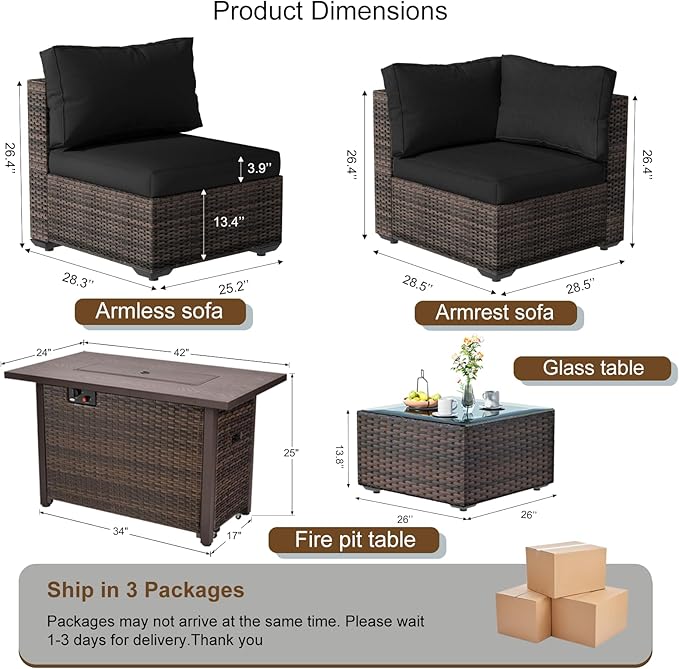 8 Pieces Patio Furniture Sets Outdoor Sectional Sofa with 44'' Propane Rattan Wicker Firepit Table, Patio Sectional Conversation Set with Cushions for Backyard, Poolside, Garden Black
