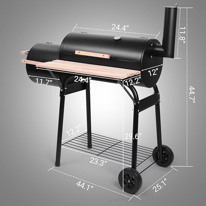 Outvita Charcoal Grill and Offset Smoker, Outdoor Patio Barbecue Cooker with Wheels, Portable Backyard BBQ Oven with Side Fire Box for Camping, Picnic, Party