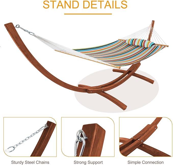 Lazy Daze 12FT Sunbrella Fabric Hammock with 13FT Wood Arc Stand, Free Pillow Fits for Two Persons, All Weather and Fade Resistant for Patio Yard, 450 lbs Weight Capacity, Carousel Confetti