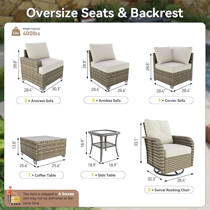 LazySunsets Luxury Patio Furniture Set，All-Weather Patio Sectional Sofas with Thickened Cushions, 9 Piece Outdoor Furniture Sectional Set with Swivel Rocker Chairs of 2，Beige