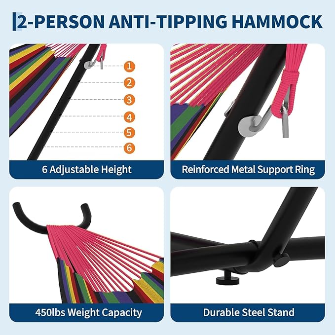 Double Hammock with Space-Saving Steel Stand - 2 Person Portable Heavy Duty Hammock with Carrying Bag for Outdoors & Indoors, Easy Assembly, 350 lbs Capacity, Black Rainbow Stripes