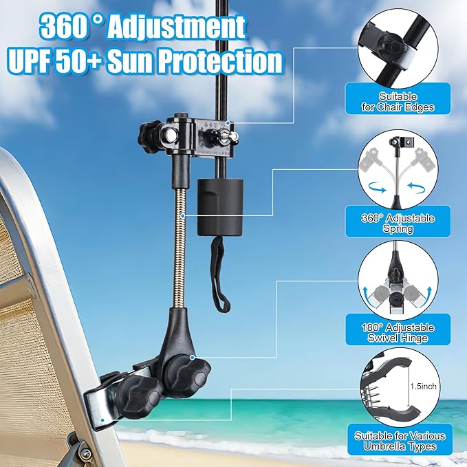 Beach Chair Umbrella with Clamp 360° Adjustable Clip On Umbrella for Camping Chair UPF 50+ UV Protection Sun Shade Portable Stroller Umbrellas for Travel, Wheelchair, Boat, Patio, Golf Cart