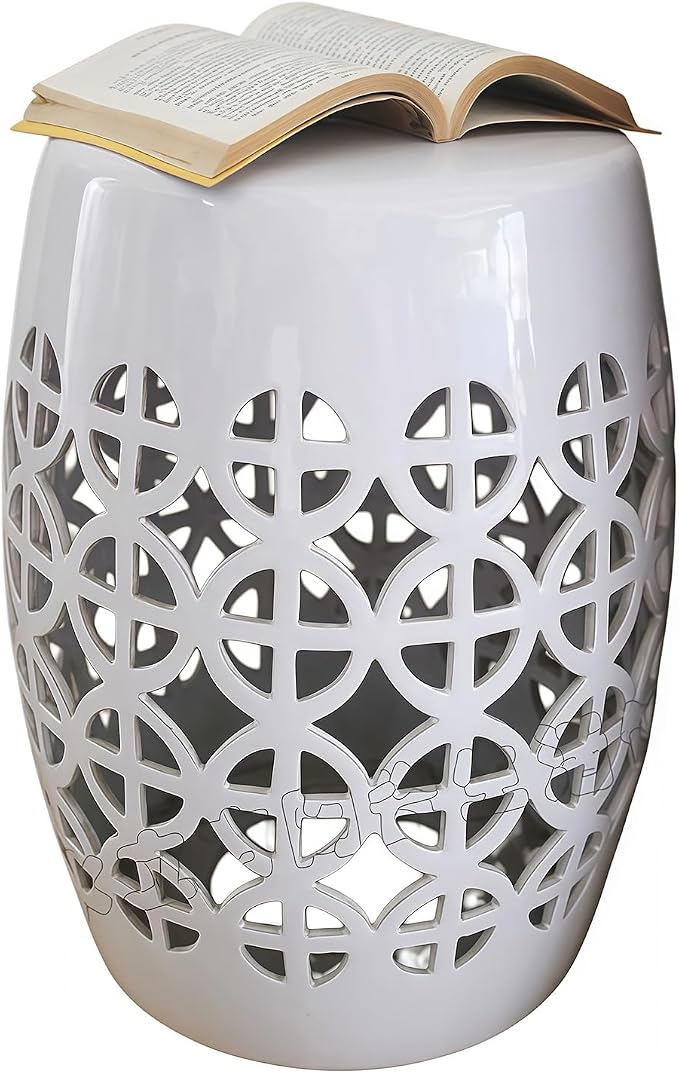 Decorative Ceramic Garden Stool, Hand-Crafted Outdoor Side Table, Shoe Changing Drum Stool for Patio, Living Room Accent Furniture(White 6)