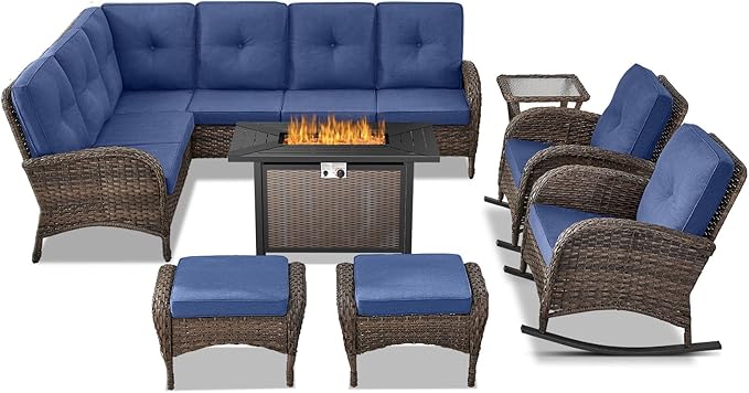 Belord 8 Pieces Patio Conversation Set with 43” Propane Fire Pit Table, Outdoor Sectional Furniture Sofa Set with Removable Blue Cushions for Patio Deck Backyard Brown