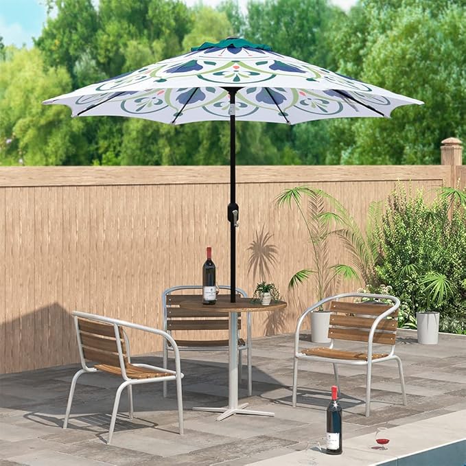 ABBLE Outdoor Patio Umbrella 9Ft Crank & Tilt Printed Market Umbrella for Picnic Table, Pool, Garden, Deck, Backyard and Beach