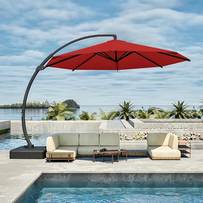 11FT Cantilever Umbrella with Base Large Curvy Outdoor Aluminum Offset Umbrella w/ 360° Rotation, UV Resistant Canopy for Patio, Garden, Backyard, Red