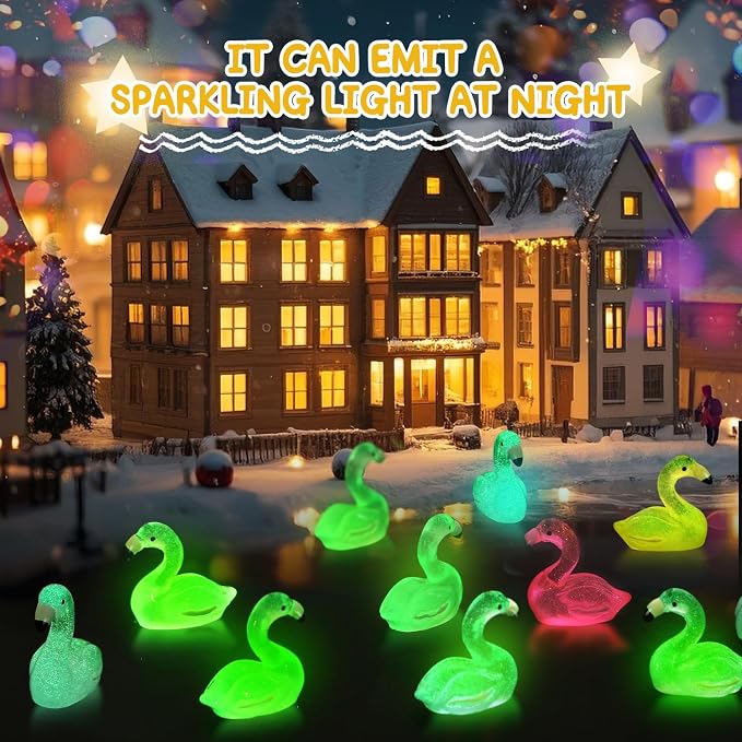 64pcs Luminous Large Mini Resin Flamingo Ducks 8 Colors Glow in The Dark Tiny Small Little Resin Flamingo to Hide Plastic Animal Figures for Micro Fairy Garden Landscape Dollhouse Aquarium Decorations