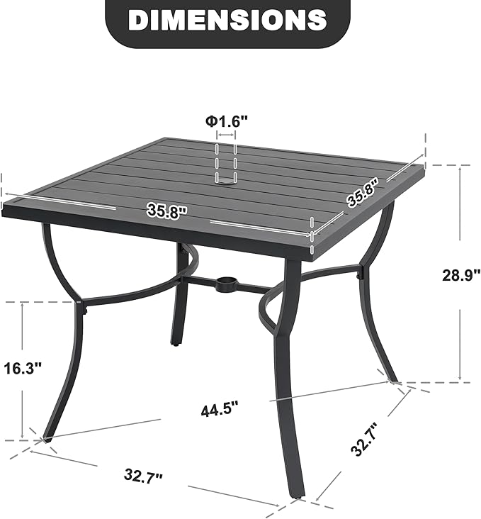 NUU GARDEN Outdoor Dining Table 36" Square Patio Dining Table with Aluminum Tabletop and 1.60" Umbrella Hole, Large Garden Patio Table for 4 People, Black