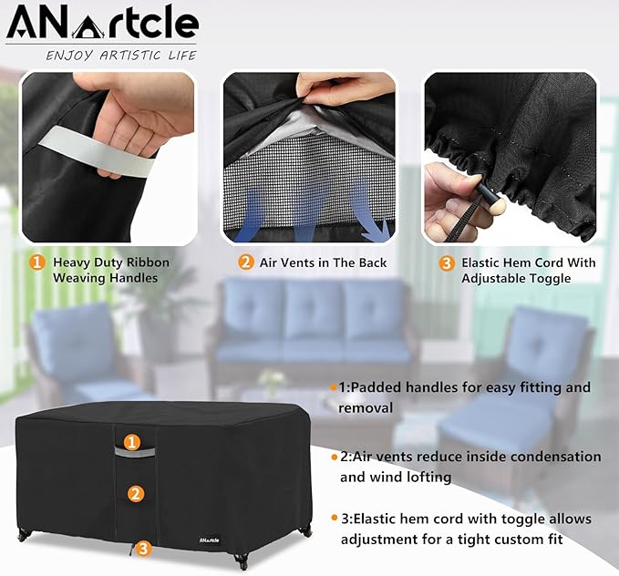 ANartcle Patio Coffee Table Cover, 600D Waterproof Heavy Duty Rectangular Outdoor Table Cover,Patio Furniture Covers,48 x 28 x 16 inch,Black