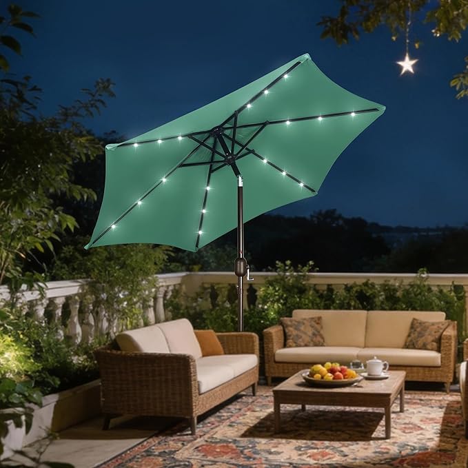Blissun 7.5 ft Solar Umbrella, 18 LED Lighted Patio Umbrella, Table Market Umbrella