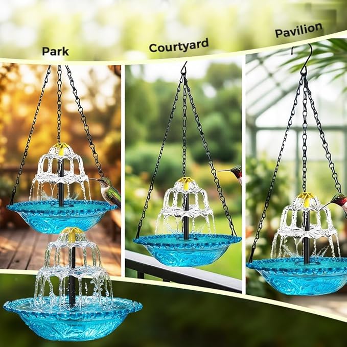 Solar Cascade Hanging Bird Bath Fountain, 2026 New Solar Powered Cascading Outdoor Water Fountainwith Solars Pump & Bowl, Decorative Garden Yard Patio Bird Bath Fountain Outside (Blue) (Gray)