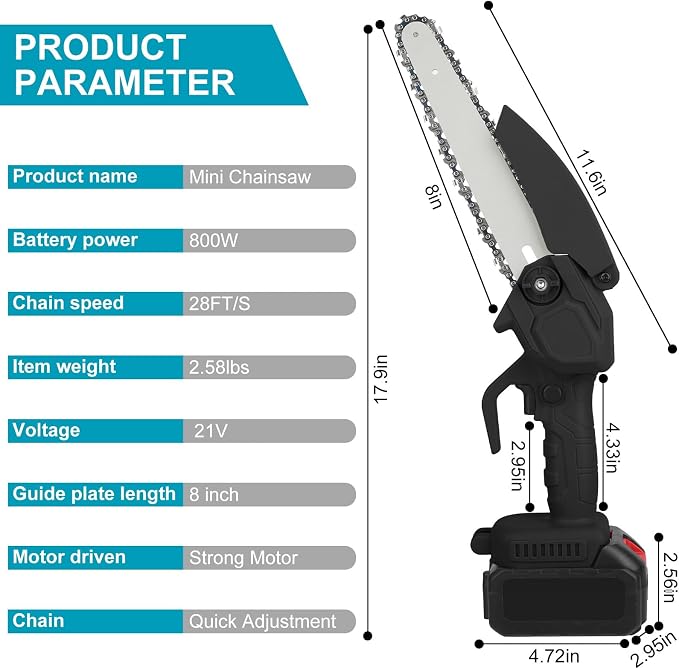 TeqHome Mini Chainsaw, 8 Inch Cordless Mini Electric Chainsaw Battery Powered with 2 Batteries & 2 Chains,Portable Handheld Small Chain Saw for Wood Tree Trimming Branches,Sawzall for Household Garden