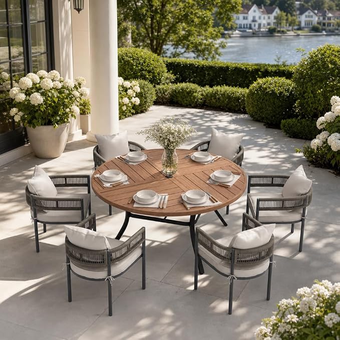 VICLLAX Patio Dining Set, 53.1" Walnut Table & 6 Chairs with Wheat Cushion | Outdoor Table and Chairs Set of Round Metal Patio Table, Outdoor Dining Chairs with Metal Frame, Garden Deck Porch