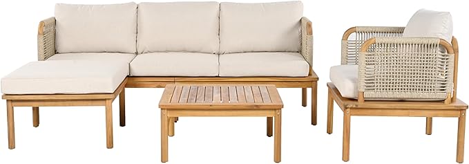 Merax Outdoor 4-Piece Acacia Wood & Rope Patio Sofa Set with Ottoman, Table & Club Chair, Water-Repellent Cushions for Garden & Patio