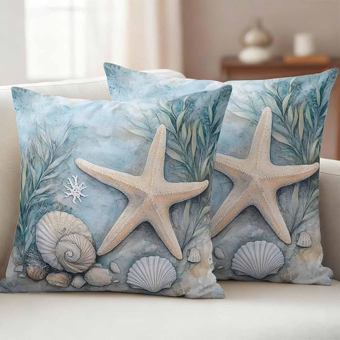 Ocean Coral Outdoor Waterproof Throw Pillow Covers Set of 2, 26"x26", Shell Starfish Plant Leaf Coastal Rustic Decorative Pillow Covers Outside Cushion Case for Patio Porch Garden