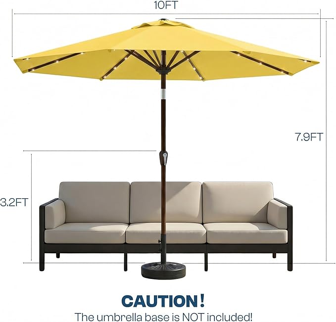 10FT Solar Patio Umbrella with Lights, Outdoor Table Market Umbrella with 32 LED Lights, 8 Sturdy Ribs, Push Button Tilt and Crank for Pool, Deck and Garden, UV-Resistant