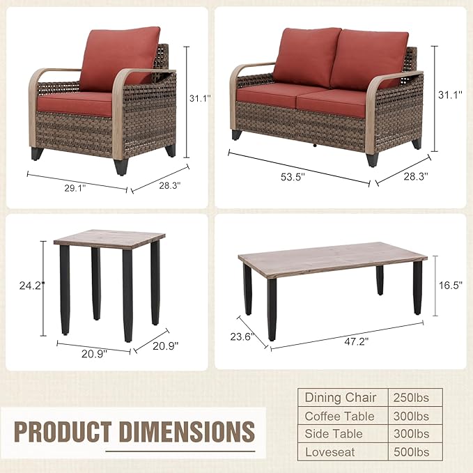 Modern Wicker Patio Furniture Set, Rattan Outdoor Conversation Set with Comfortable Cushions, 2 Patio Chairs, 2 Seat Loveseat, Coffee Table and Side Table, 5 Pieces, Brown/Red
