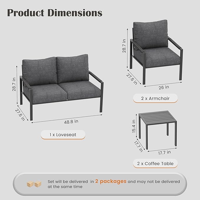 5 Pieces Rattan Outdoor Furniture Set, All-Weather Patio Conversation Set with Dark Grey Cushions and Coffee Tables for Garden, Backyard, Balcony, Poolside