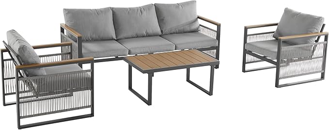 Christopher Knight Home Lena Patio 4 Pieces Conversation Set, Rope Woven Club Chairs and 3 Seater Sofa, Metal Frame Armchair, Slat Panel Coffee Table, Furniture Set for Backyard Garden Poolside, Gray