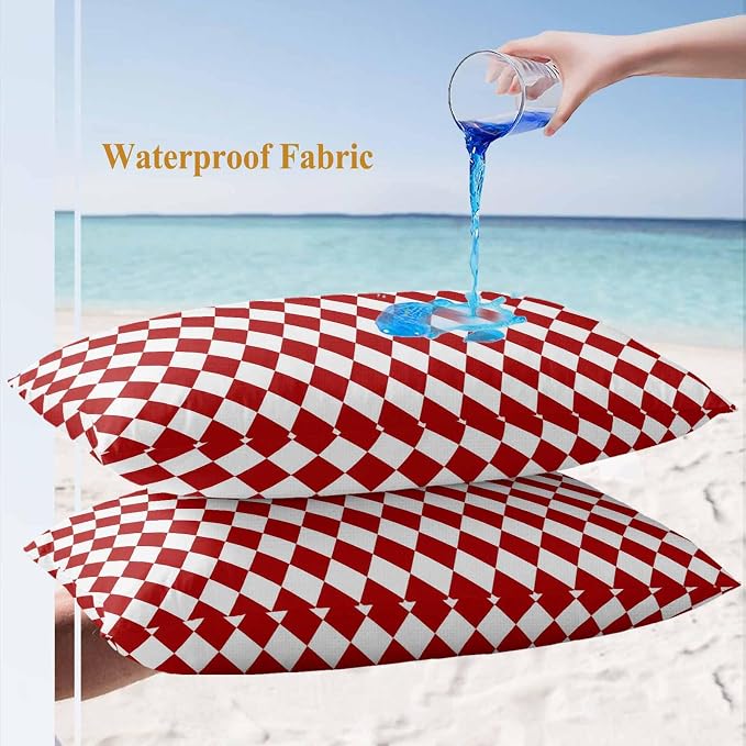 Modern Red White Diamonds Plaid Outdoor Pillow Covers Set of 2,Decorative Waterproof Throw Pillow Case,Minimalist Geometric Style Cotton Linen Soft Cozy Cushion Pillowcases