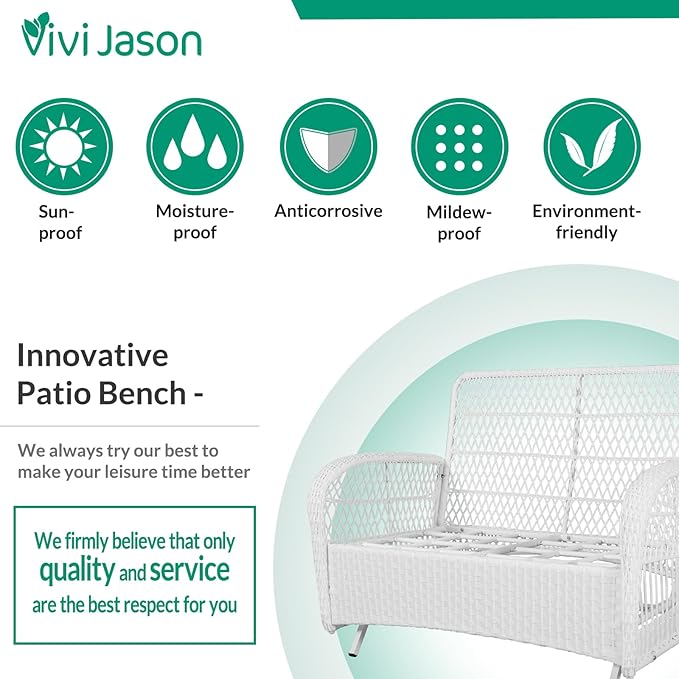 VIVIJASON 2-Piece Patio White Wicker Loveseat Glider Set Cushioned, Outdoor Conversation Furniture Sets W/ 2-Seater Glider Rocking Bench, Coffee Table and Cushions for Porch Garden Poolside, Beige