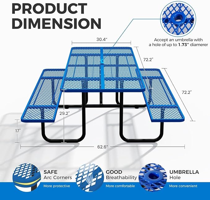 72" Coated Round Metal Picnic Table for 4-6 Person, Durable Heavy Duty Commercial Picnic Table with Umbrella Hole for Outdoor Coffee Shop, School, Easy to Install, Blue