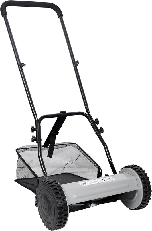 14-Inch 5-Blade Push Reel Lawn Mower with Grass Catcher Gray Precision Cutting Adjustable Blade Height Versatile Grass Cutting Eco-Friendly Steel